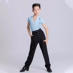 Boys kids blue latin ballroom dance shirts salsa ballroom competition modern tango dance tops and pants sets for children